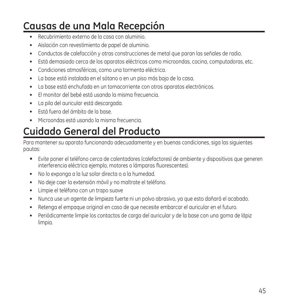 Causas de una mala recepción, Cuidado general del producto | GE 28118 User Manual | Page 97 / 104