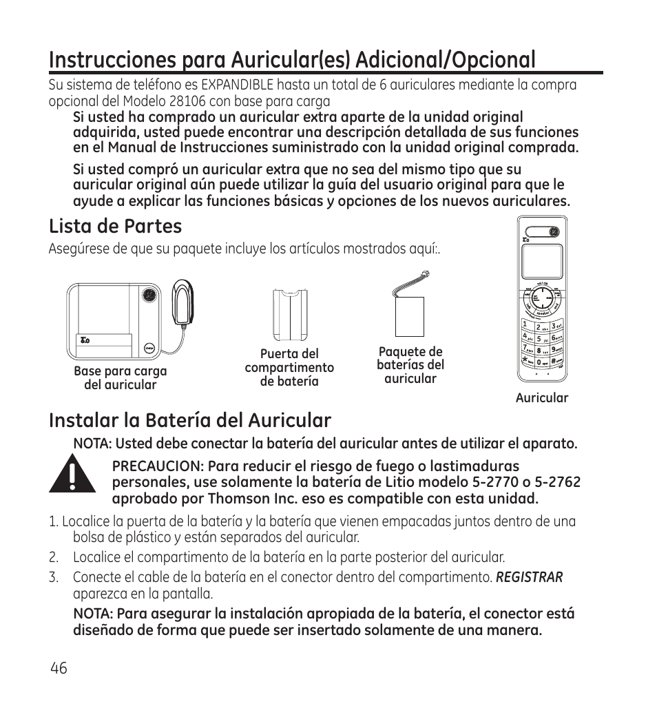 Instalar la batería del auricular, Lista de partes | GE 28118 User Manual | Page 98 / 104