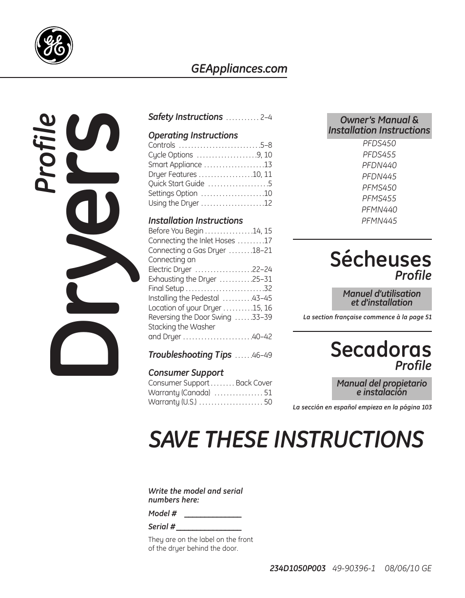 GE PFMN445 User Manual | 156 pages