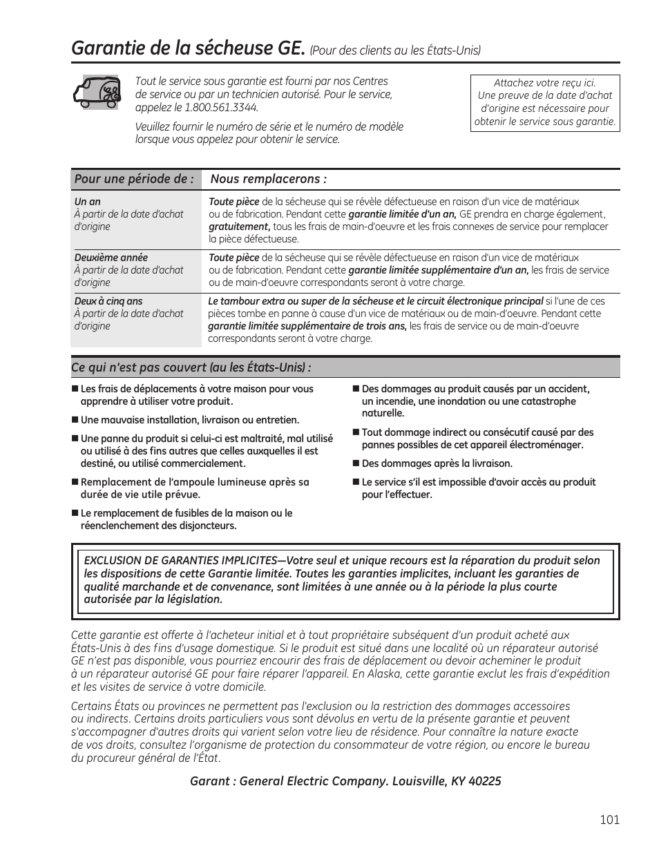 Garantie de la sécheuse ge | GE PFMN445 User Manual | Page 101 / 156