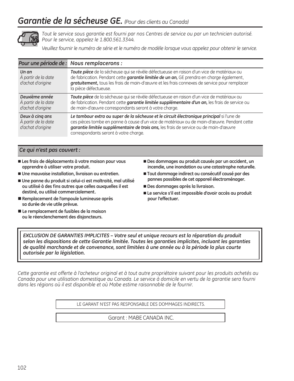 Garantie de la sécheuse ge | GE PFMN445 User Manual | Page 102 / 156