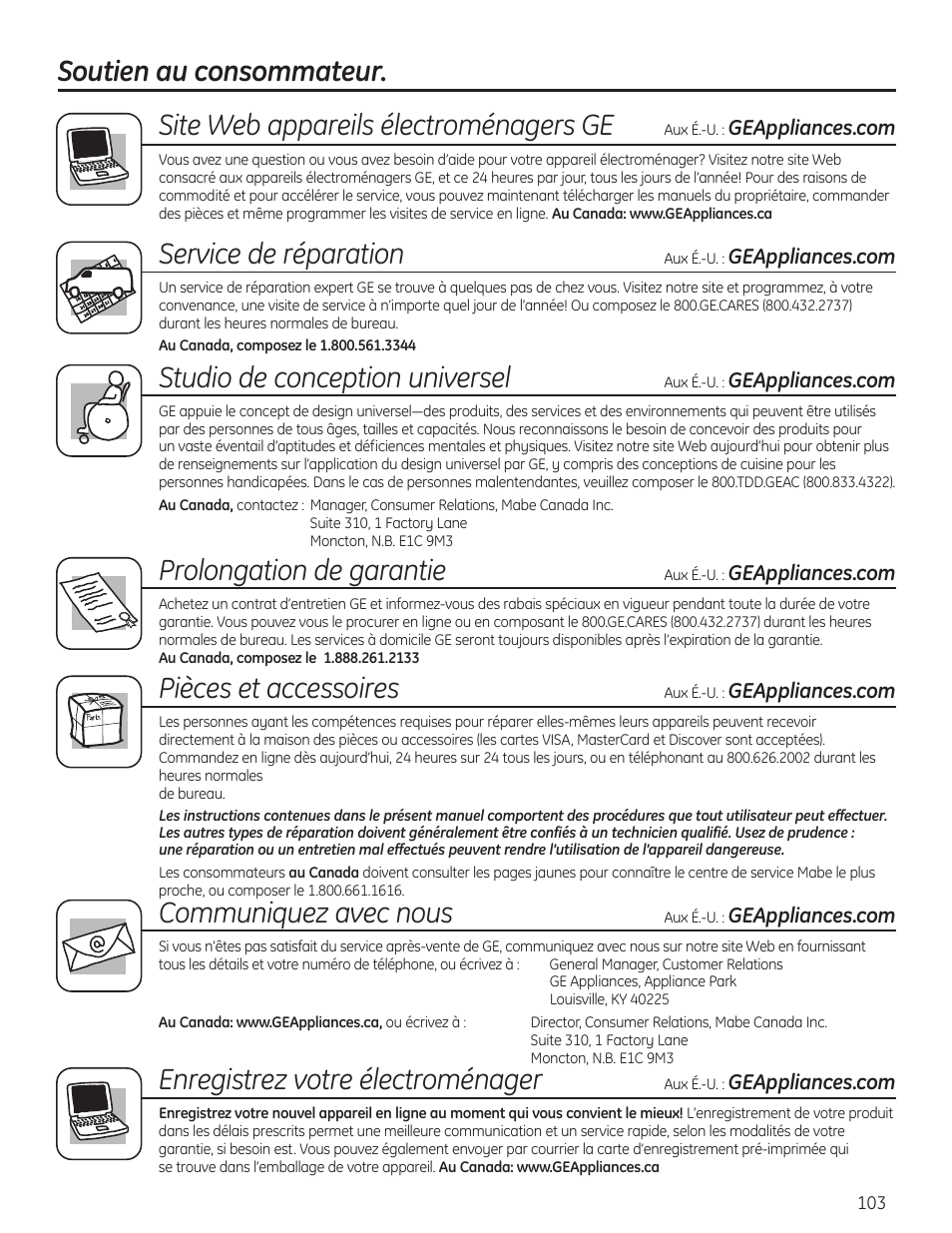 Soutien au consommateur, Service de réparation, Studio de conception universel | Prolongation de garantie, Pièces et accessoires, Communiquez avec nous, Enregistrez votre électroménager | GE PFMN445 User Manual | Page 103 / 156