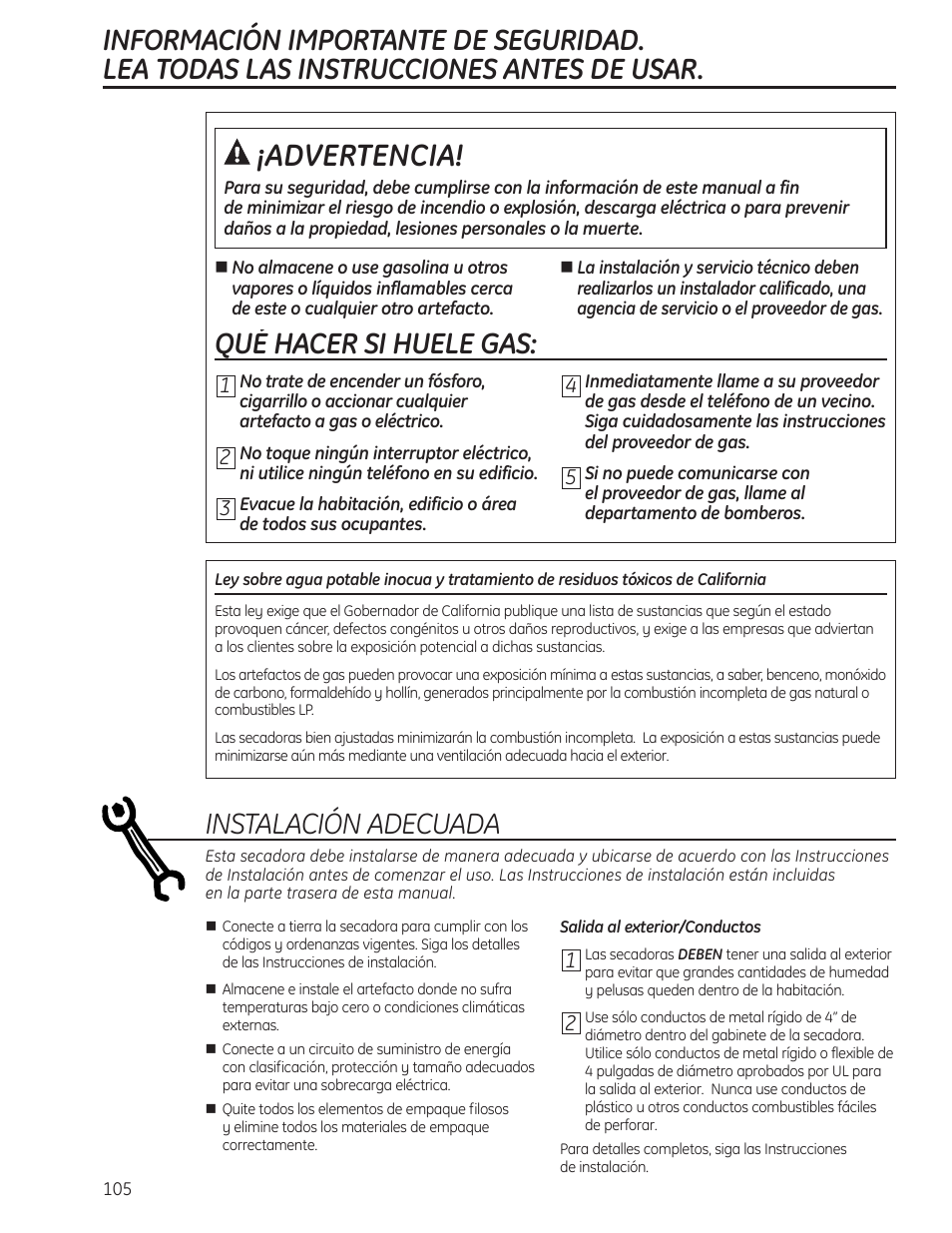 Instrucciones, De seguridad, Advertencia | Qué hacer si huele gas, Instalación adecuada | GE PFMN445 User Manual | Page 105 / 156