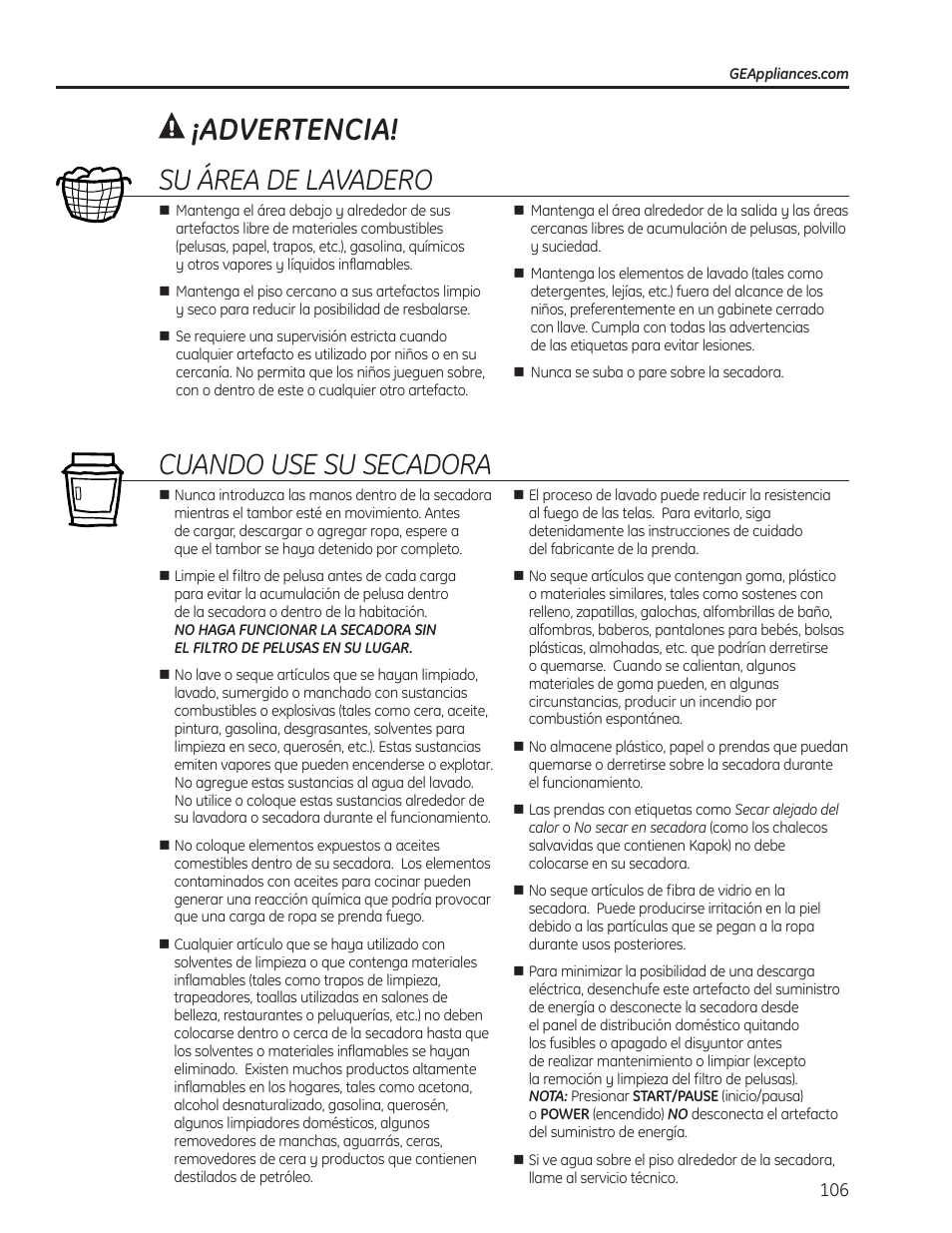 Advertencia, Su área de lavadero, Cuando use su secadora | GE PFMN445 User Manual | Page 106 / 156