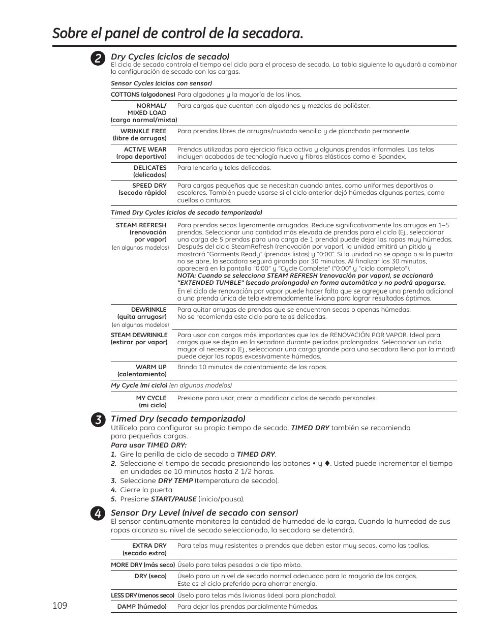 Sobre el panel de control de la secadora | GE PFMN445 User Manual | Page 109 / 156