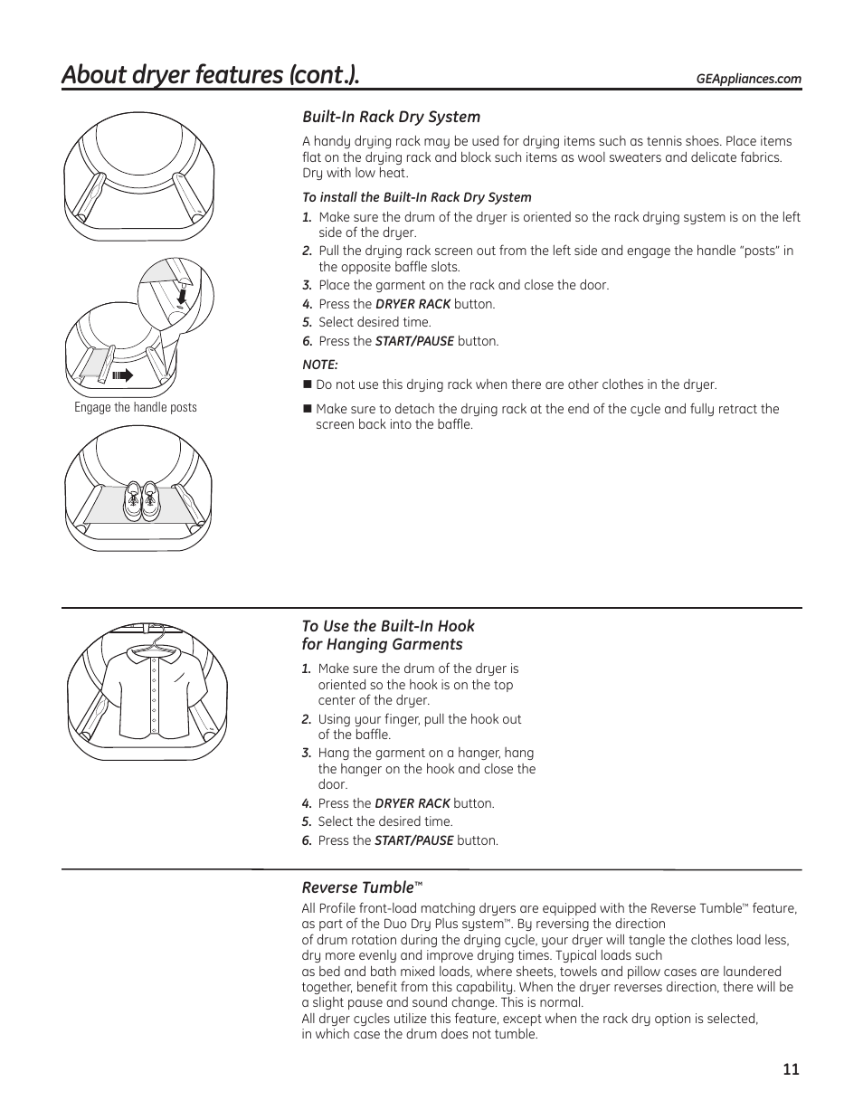 About dryer features (cont.) | GE PFMN445 User Manual | Page 11 / 156