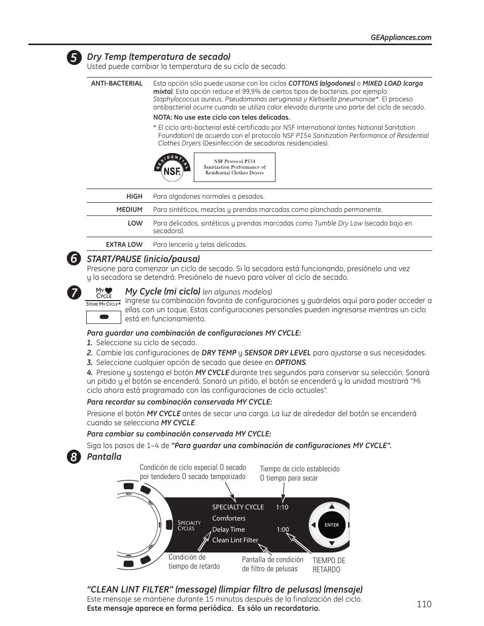 Dry temp (temperatura de secado), Start/pause (inicio/pausa), My cycle (mi ciclo) | GE PFMN445 User Manual | Page 110 / 156