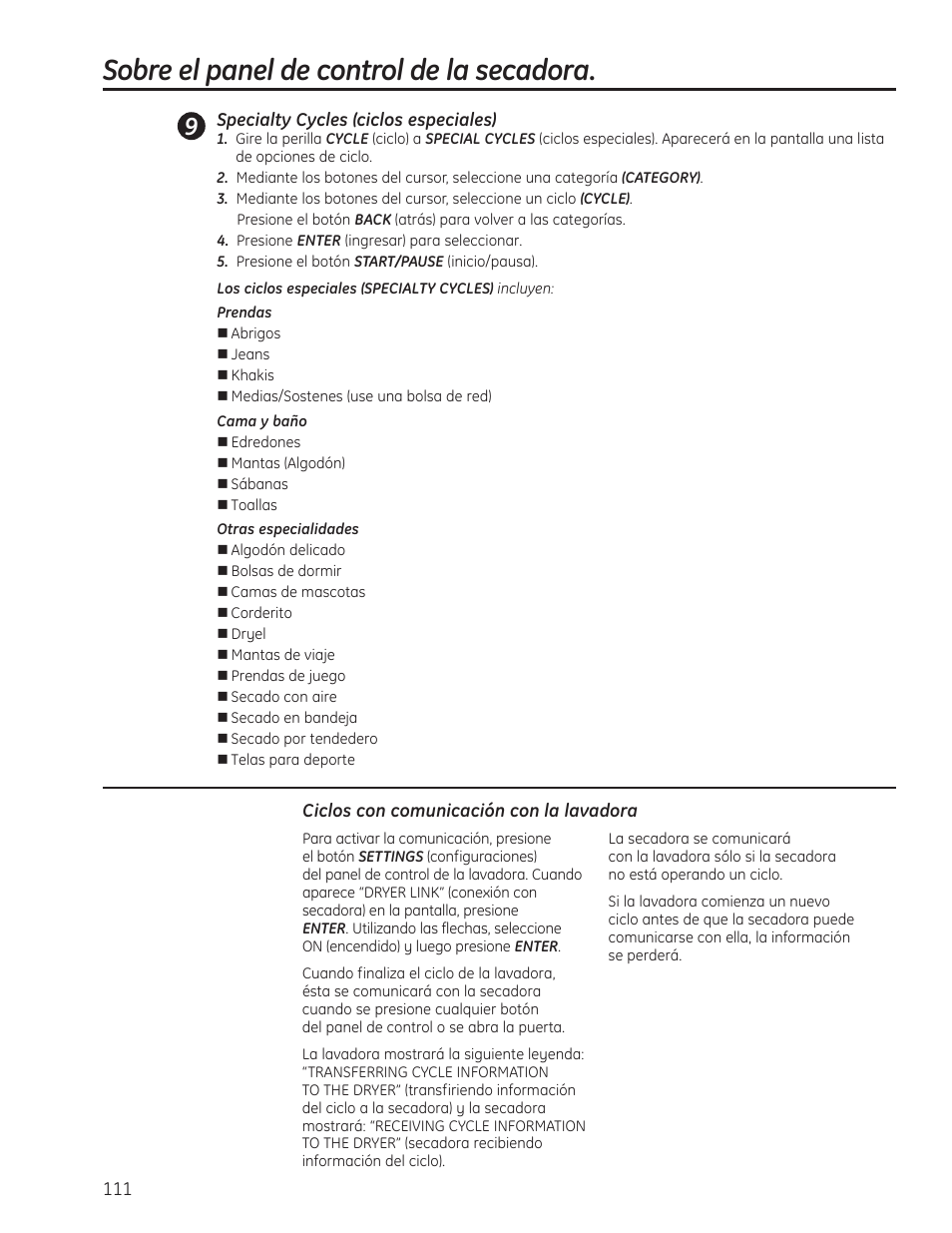 Sobre el panel de control de la secadora | GE PFMN445 User Manual | Page 111 / 156