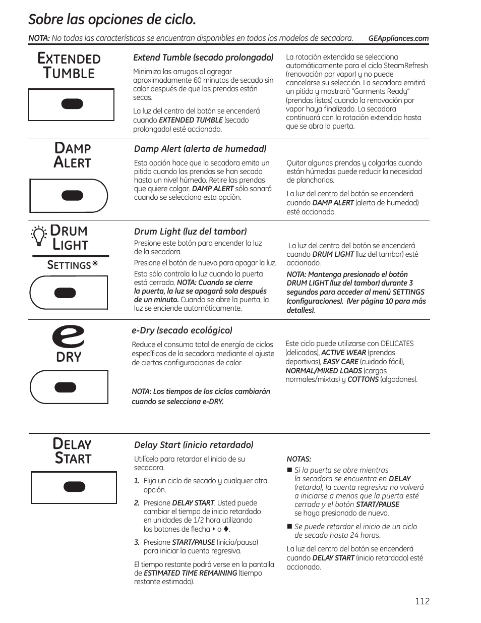 Opciones de ciclo , 113, Sobre las opciones de ciclo, Umble | Xtended, Lert, Ight | GE PFMN445 User Manual | Page 112 / 156