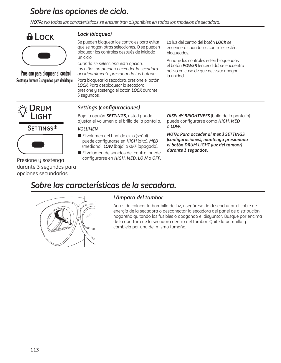 Características de la secadora , 114, Sobre las características de la secadora, Sobre las opciones de ciclo | Ight, Presione para bloquear el control | GE PFMN445 User Manual | Page 113 / 156