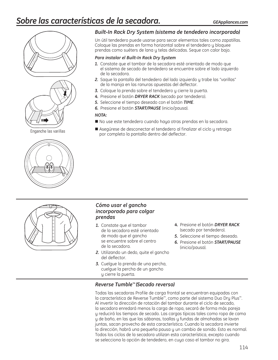 Sobre las características de la secadora | GE PFMN445 User Manual | Page 114 / 156