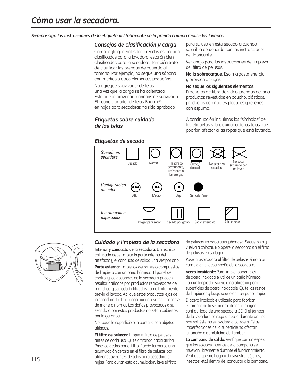 Cómo usar la secadora, Tumble dry, Heat setting | Special instructions, Cuidado y limpieza de la secadora, Consejos de clasificación y carga | GE PFMN445 User Manual | Page 115 / 156