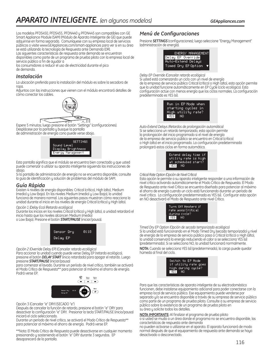 Aparato inteligente, En algunos modelos), Instalación | Guía rápida, Menú de configuraciones | GE PFMN445 User Manual | Page 116 / 156