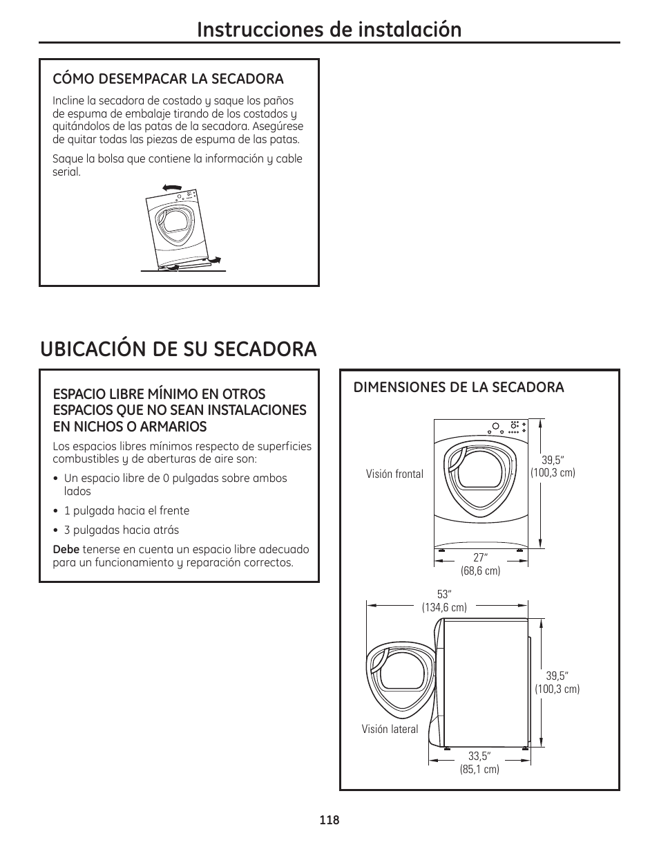 Ubicación de la secadora , 119, Instrucciones de instalación, Ubicación de su secadora | GE PFMN445 User Manual | Page 118 / 156