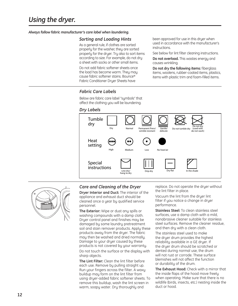Using the dryer, Tumble dry, Heat setting | Special instructions, Care and cleaning of the dryer, Dry labels sorting and loading hints, Fabric care labels | GE PFMN445 User Manual | Page 12 / 156