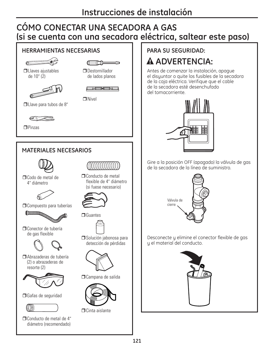 Cómo conectar una secadora a gas –123, Instrucciones de instalación, Advertencia | GE PFMN445 User Manual | Page 121 / 156