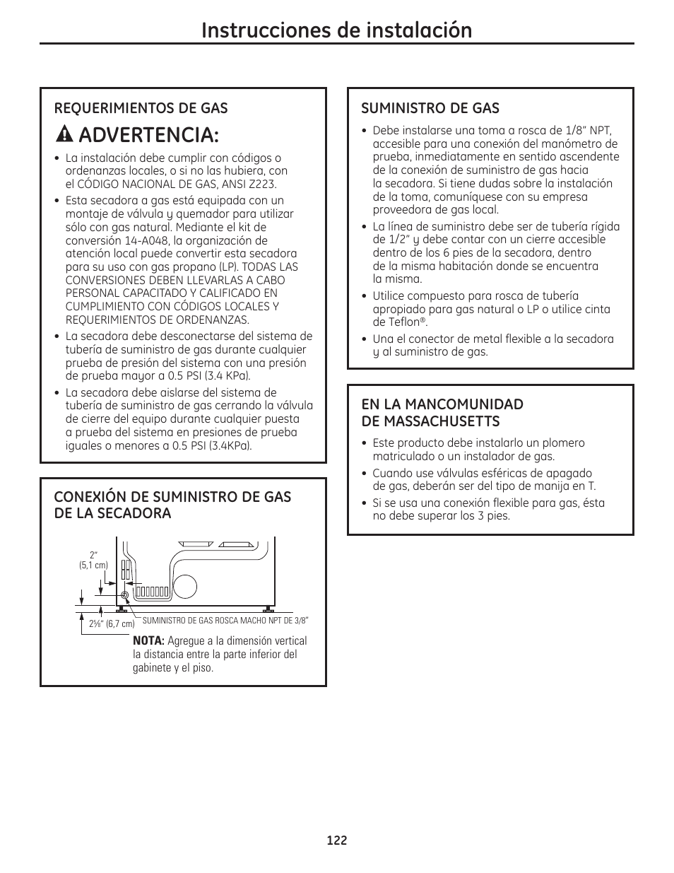 Instrucciones de instalación, Advertencia, Requerimientos de gas | Conexión de suministro de gas de la secadora, Suministro de gas, En la mancomunidad de massachusetts | GE PFMN445 User Manual | Page 122 / 156