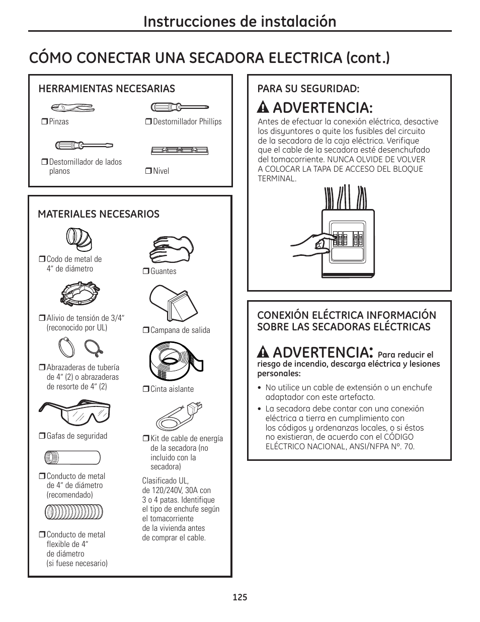 Cómo conectar una secadora eléctrica –127, Advertencia | GE PFMN445 User Manual | Page 125 / 156