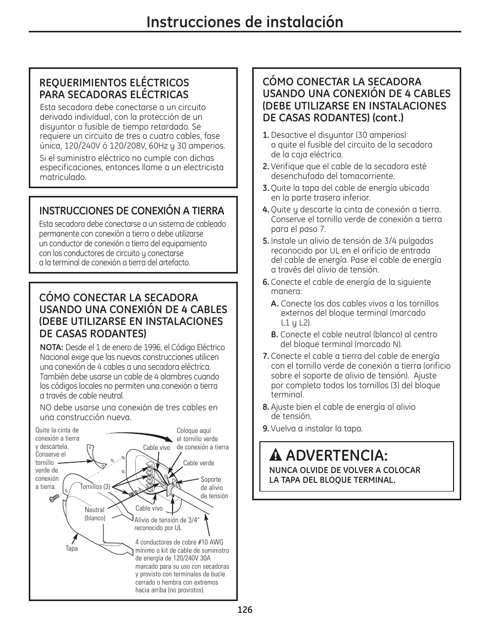 Instrucciones de instalación, Advertencia, Instrucciones de conexión a tierra | GE PFMN445 User Manual | Page 126 / 156