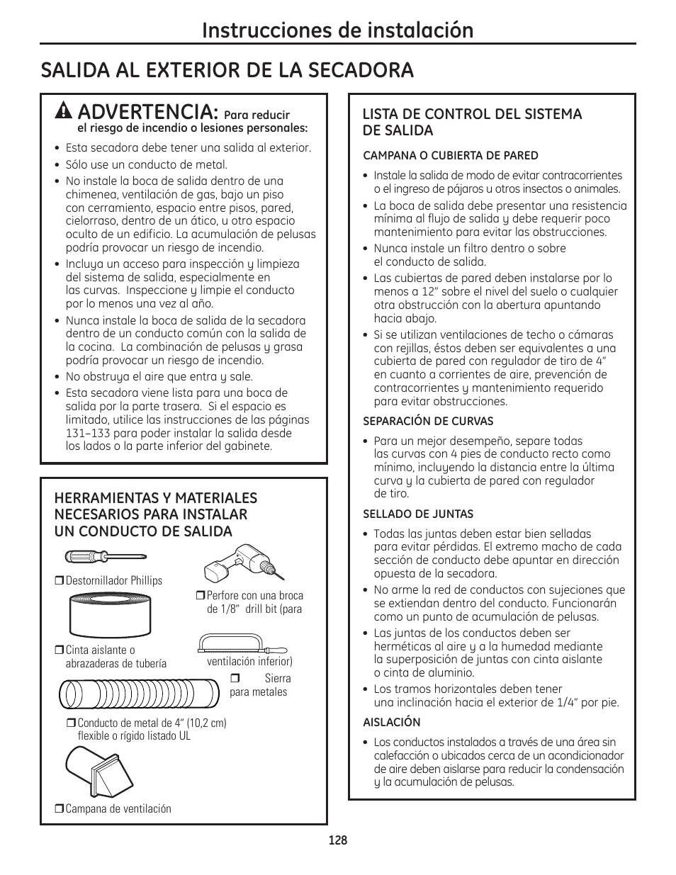 Salida al exterior de la secadora –134, Instrucciones de instalación, Salida al exterior de la secadora advertencia | GE PFMN445 User Manual | Page 128 / 156