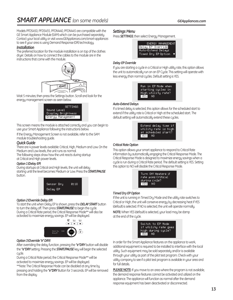 Smart appliance, Onsomemodels), Installation | Quick guide, Settings menu | GE PFMN445 User Manual | Page 13 / 156