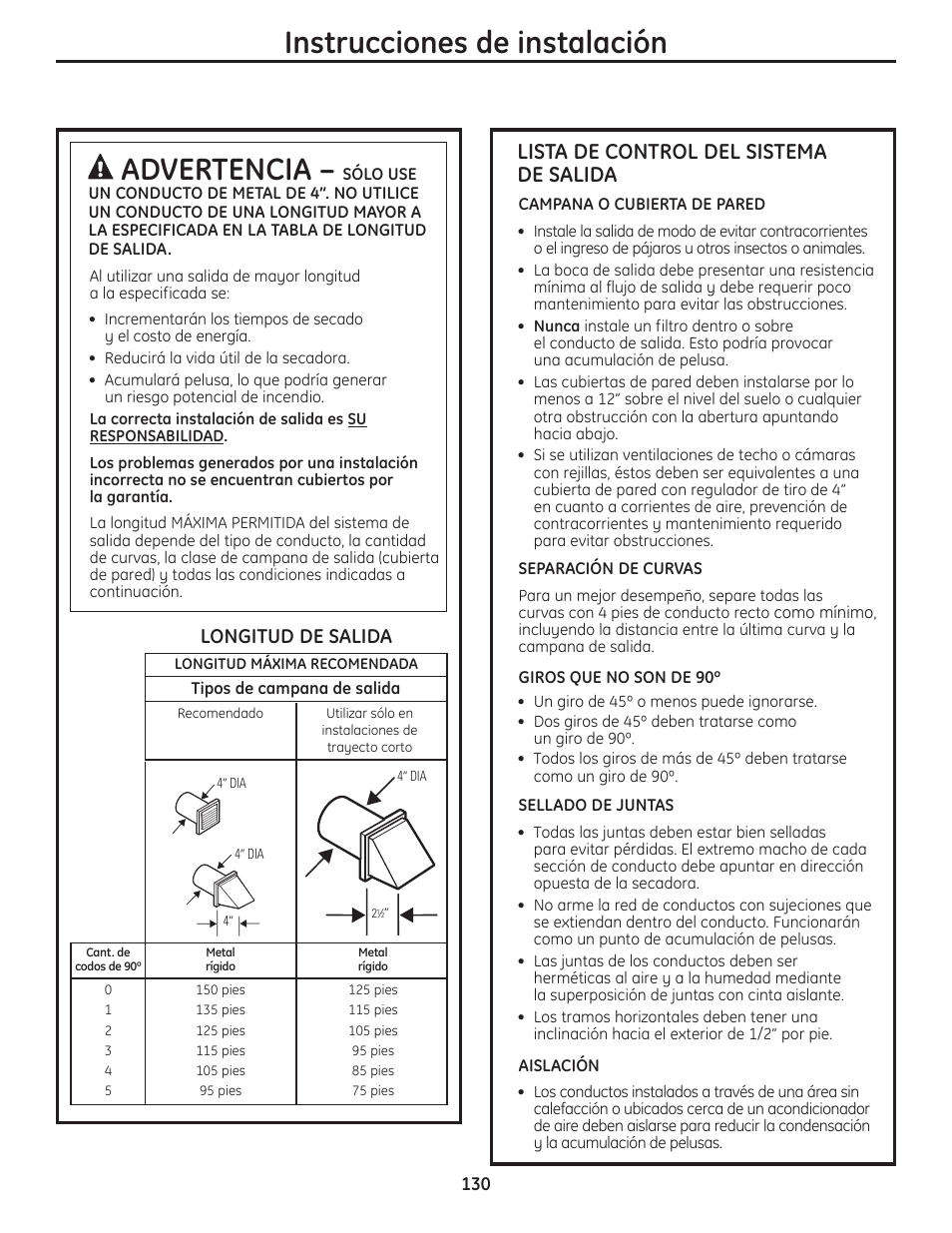 Instrucciones de instalación, Advertencia, Lista de control del sistema de salida | Longitud de salida | GE PFMN445 User Manual | Page 130 / 156