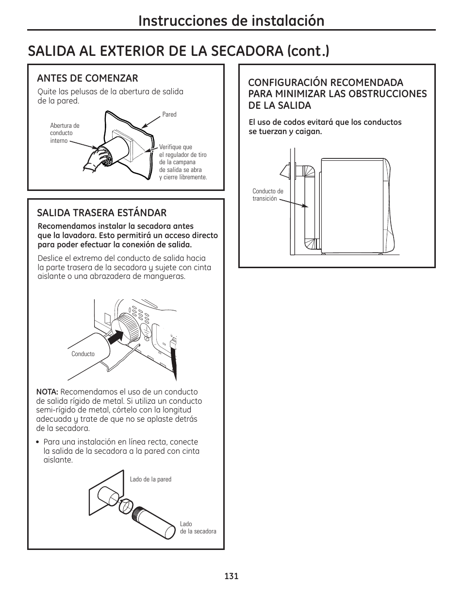 Instrucciones de instalación, Salida al exterior de la secadora (cont.) | GE PFMN445 User Manual | Page 131 / 156