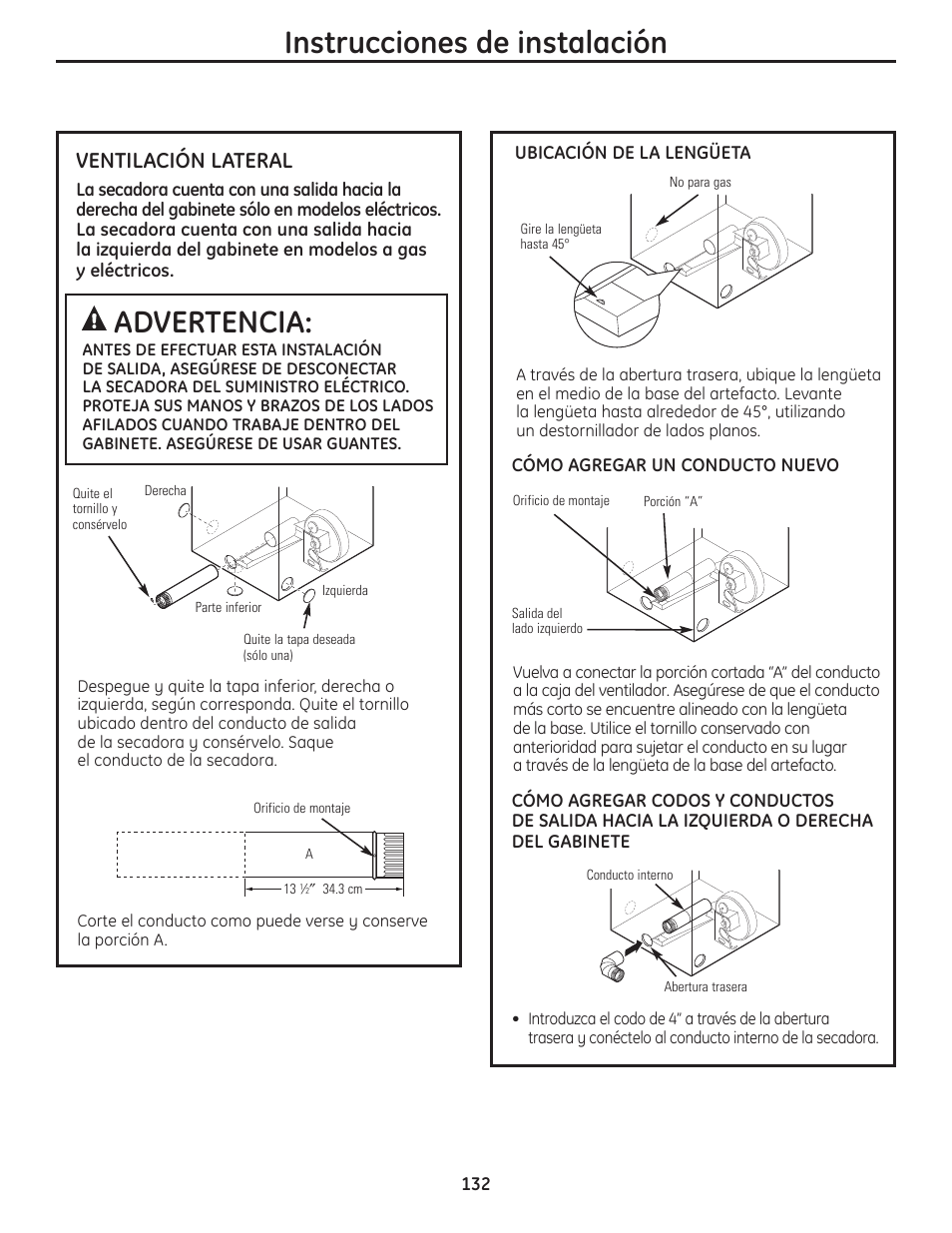 Advertencia, Instrucciones de instalación, Ventilación lateral | GE PFMN445 User Manual | Page 132 / 156