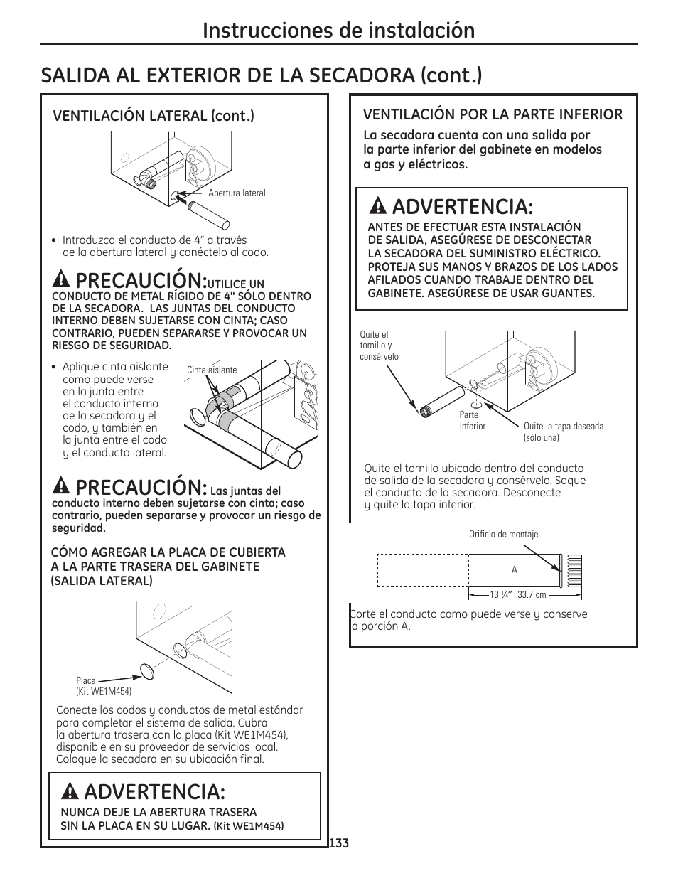 Instrucciones de instalación, Advertencia, Precaución | Salida al exterior de la secadora (cont.), Ventilación lateral (cont.), Ventilación por la parte inferior | GE PFMN445 User Manual | Page 133 / 156