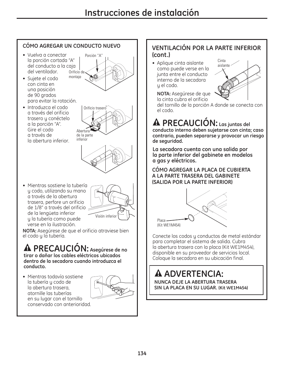 Advertencia, Precaución, Instrucciones de instalación | GE PFMN445 User Manual | Page 134 / 156