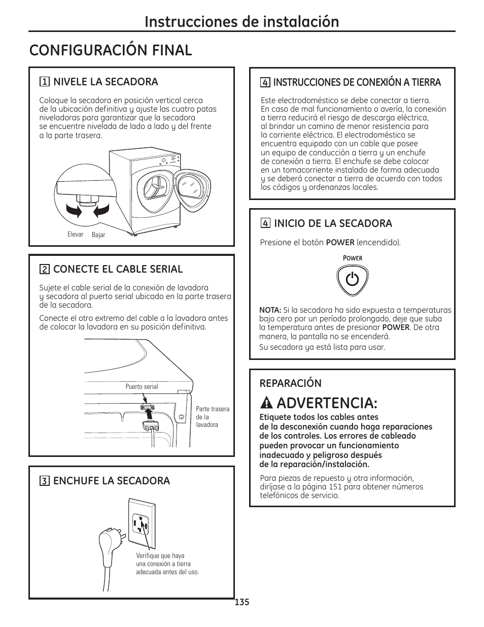 Configuración final, Instrucciones de instalación, Advertencia | GE PFMN445 User Manual | Page 135 / 156