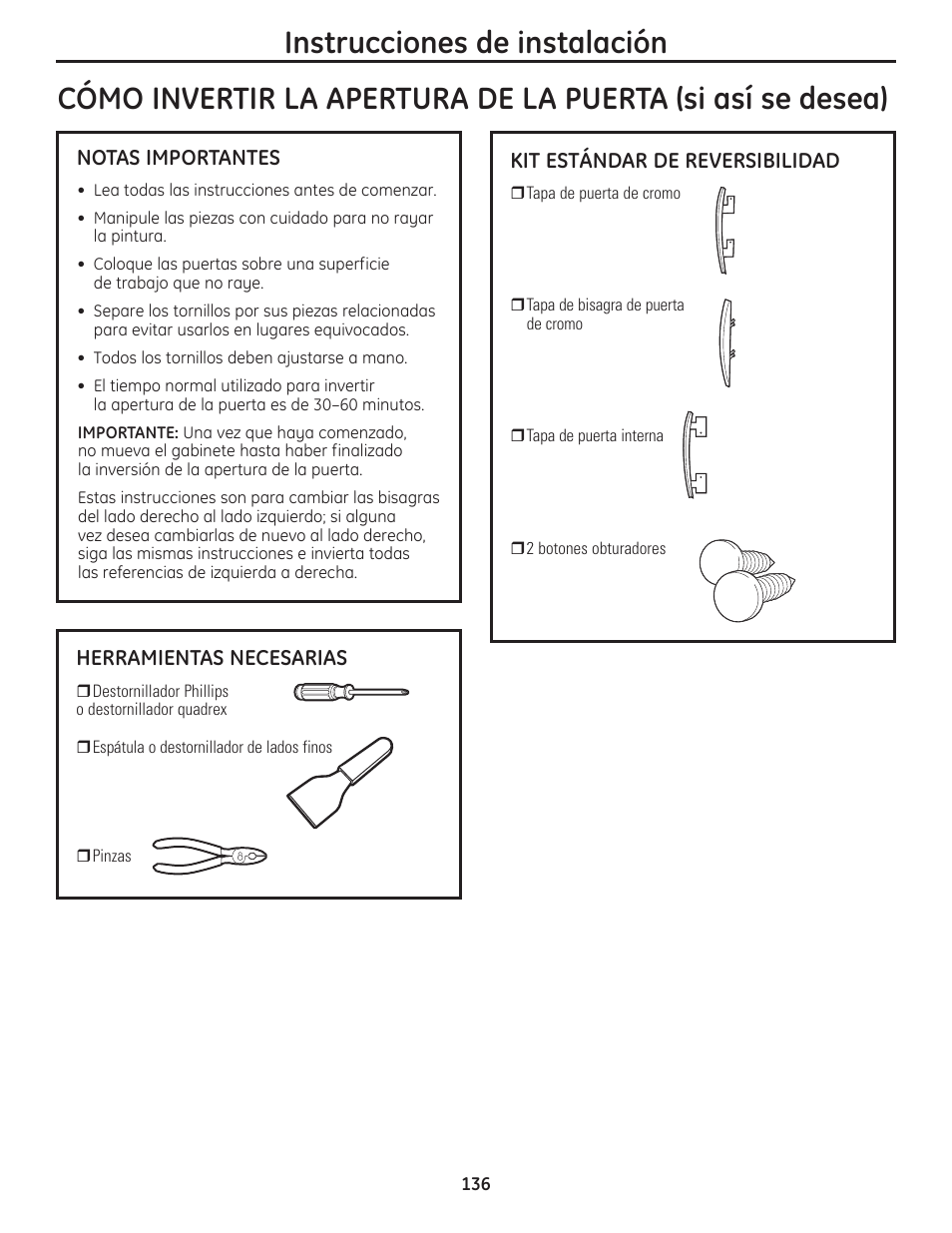 Cómo invertir la apertura de la puerta –142, Instrucciones de instalación | GE PFMN445 User Manual | Page 136 / 156