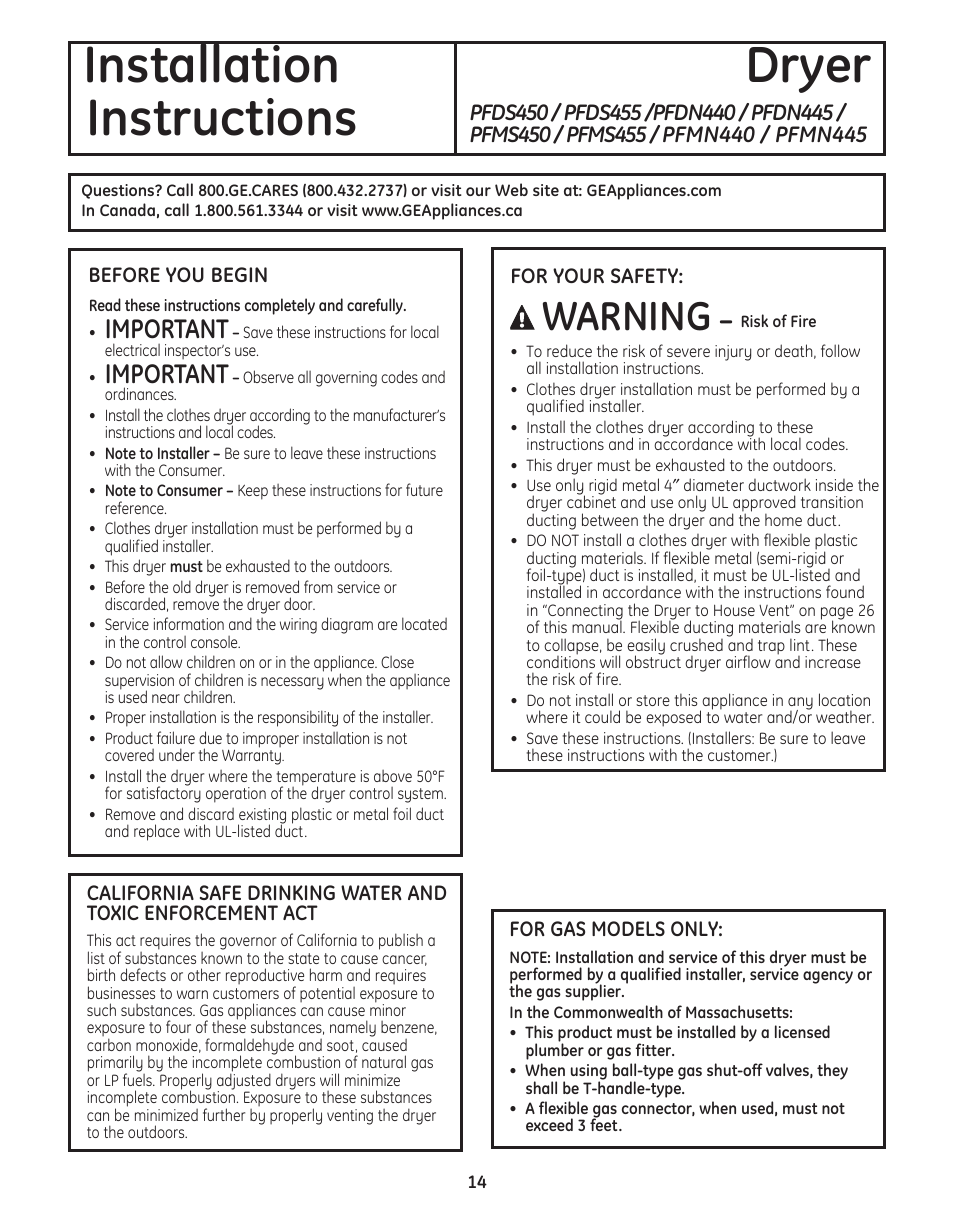 Before you begin , 15, Installation dryer instructions, Warning | Important | GE PFMN445 User Manual | Page 14 / 156