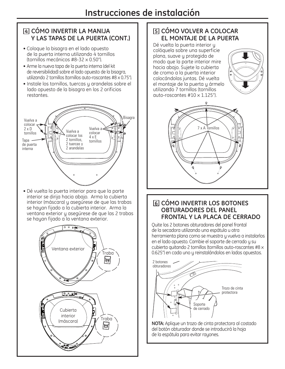 Instrucciones de instalación, Cómo volver a colocar el montaje de la puerta | GE PFMN445 User Manual | Page 141 / 156