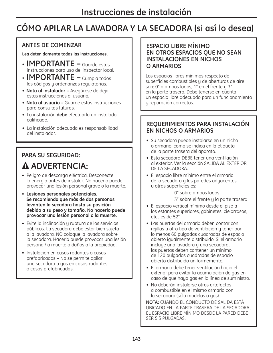Advertencia, Instrucciones de instalación, Importante | GE PFMN445 User Manual | Page 143 / 156