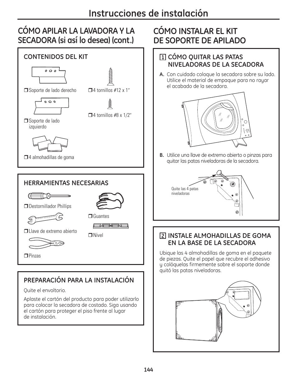 Instrucciones de instalación, Cómo instalar el kit de soporte de apilado | GE PFMN445 User Manual | Page 144 / 156