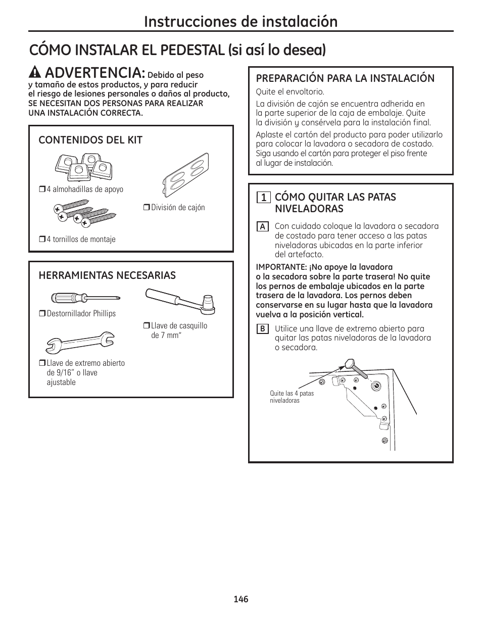 Cómo instalar el pedestal –148, Instrucciones de instalación, Advertencia | Cómo instalar el pedestal (si así lo desea) | GE PFMN445 User Manual | Page 146 / 156