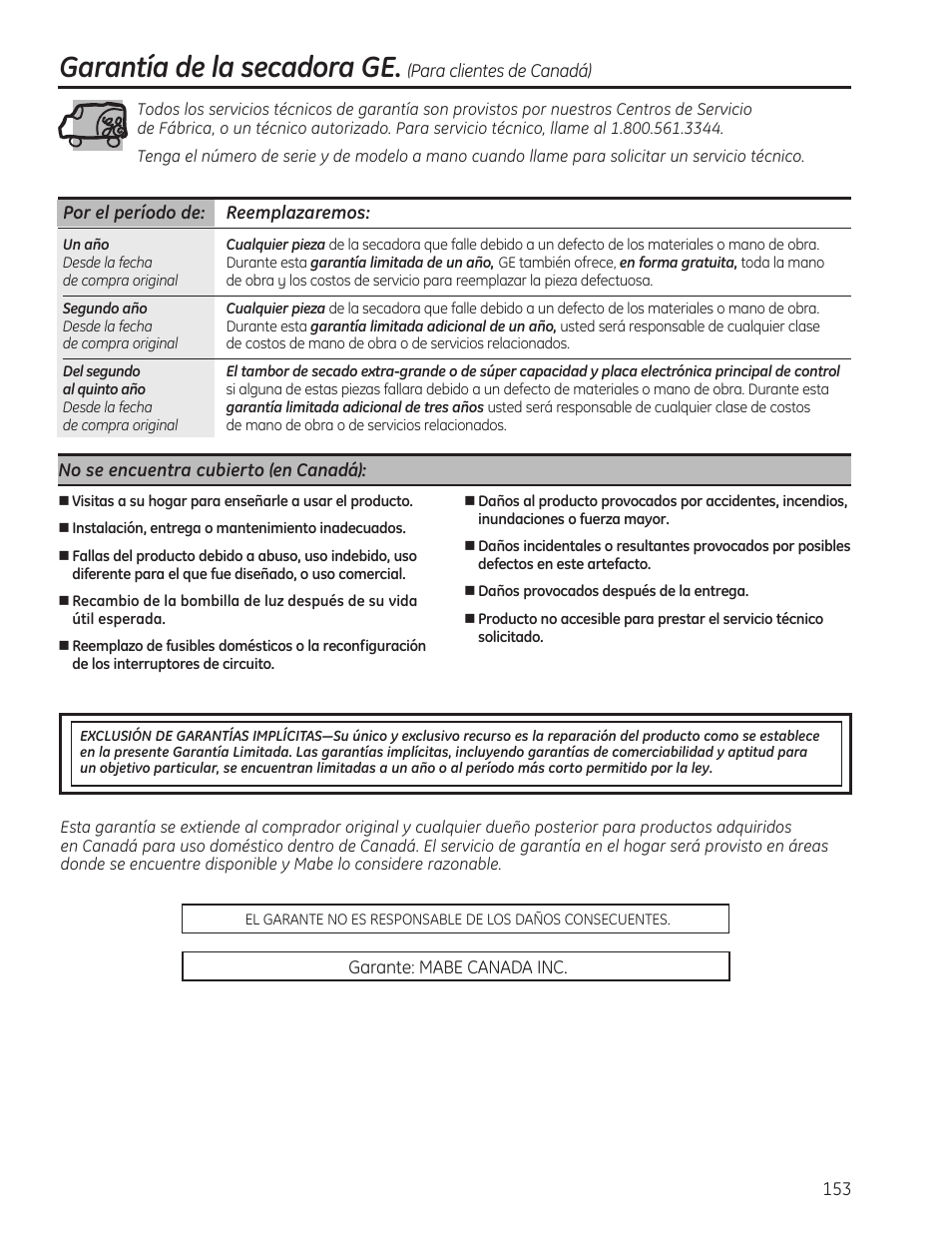 Garantía de la secadora ge | GE PFMN445 User Manual | Page 153 / 156