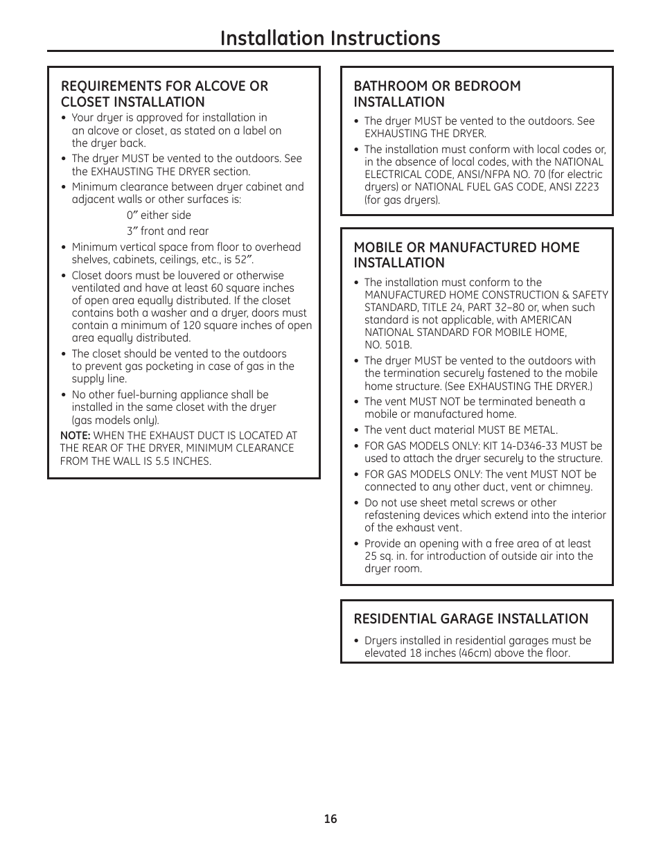 Installation instructions | GE PFMN445 User Manual | Page 16 / 156