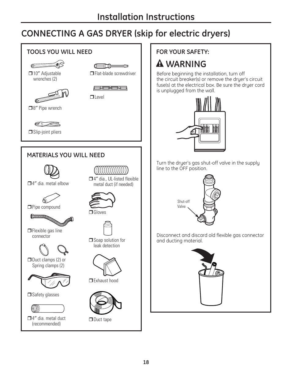 Installation instructions, Connecting a gas dryer (skip for electric dryers), Warning | GE PFMN445 User Manual | Page 18 / 156
