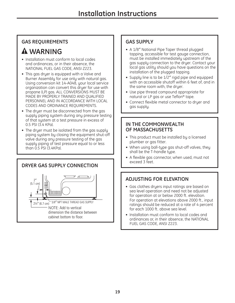 Installation instructions, Warning, Gas requirements | Dryer gas supply connection, Gas supply, Adjusting for elevation | GE PFMN445 User Manual | Page 19 / 156