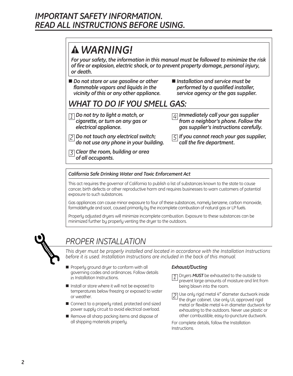 Safety instructions, Warning, What to do if you smell gas | Properinstallation | GE PFMN445 User Manual | Page 2 / 156