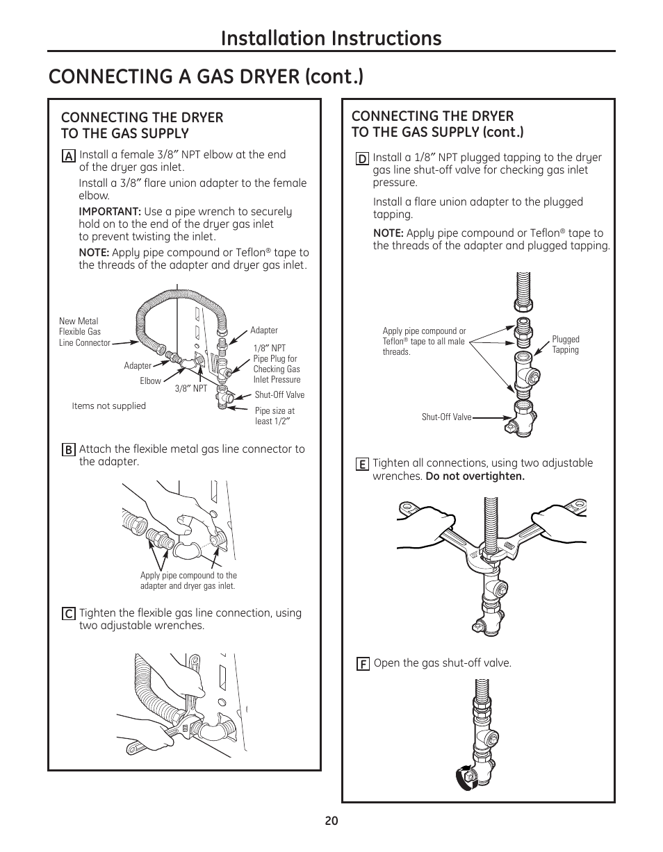 Installation instructions, Connecting a gas dryer (cont.), Connecting the dryer to the gas supply (cont.) | Connecting the dryer to the gas supply | GE PFMN445 User Manual | Page 20 / 156
