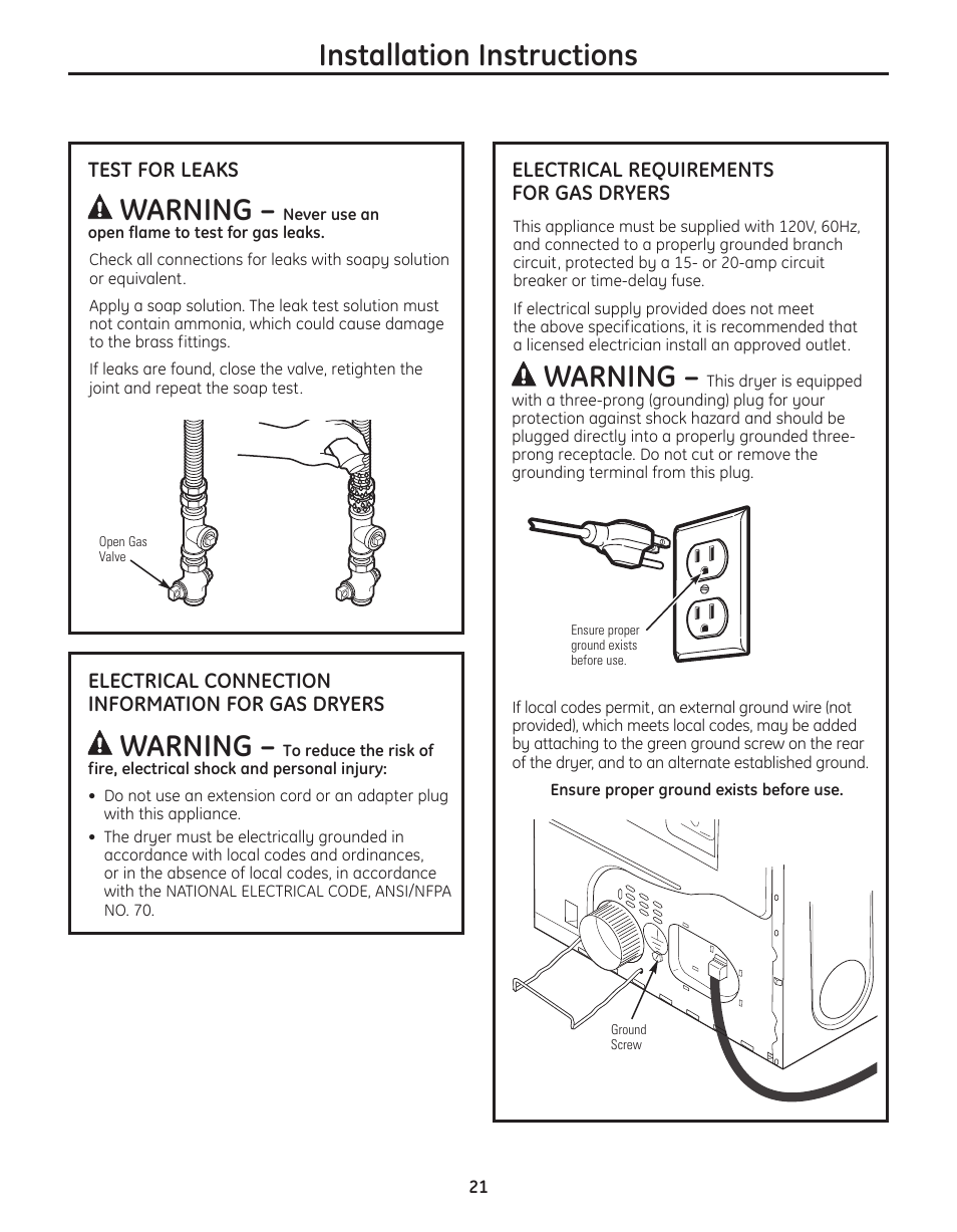 Installation instructions, Warning | GE PFMN445 User Manual | Page 21 / 156