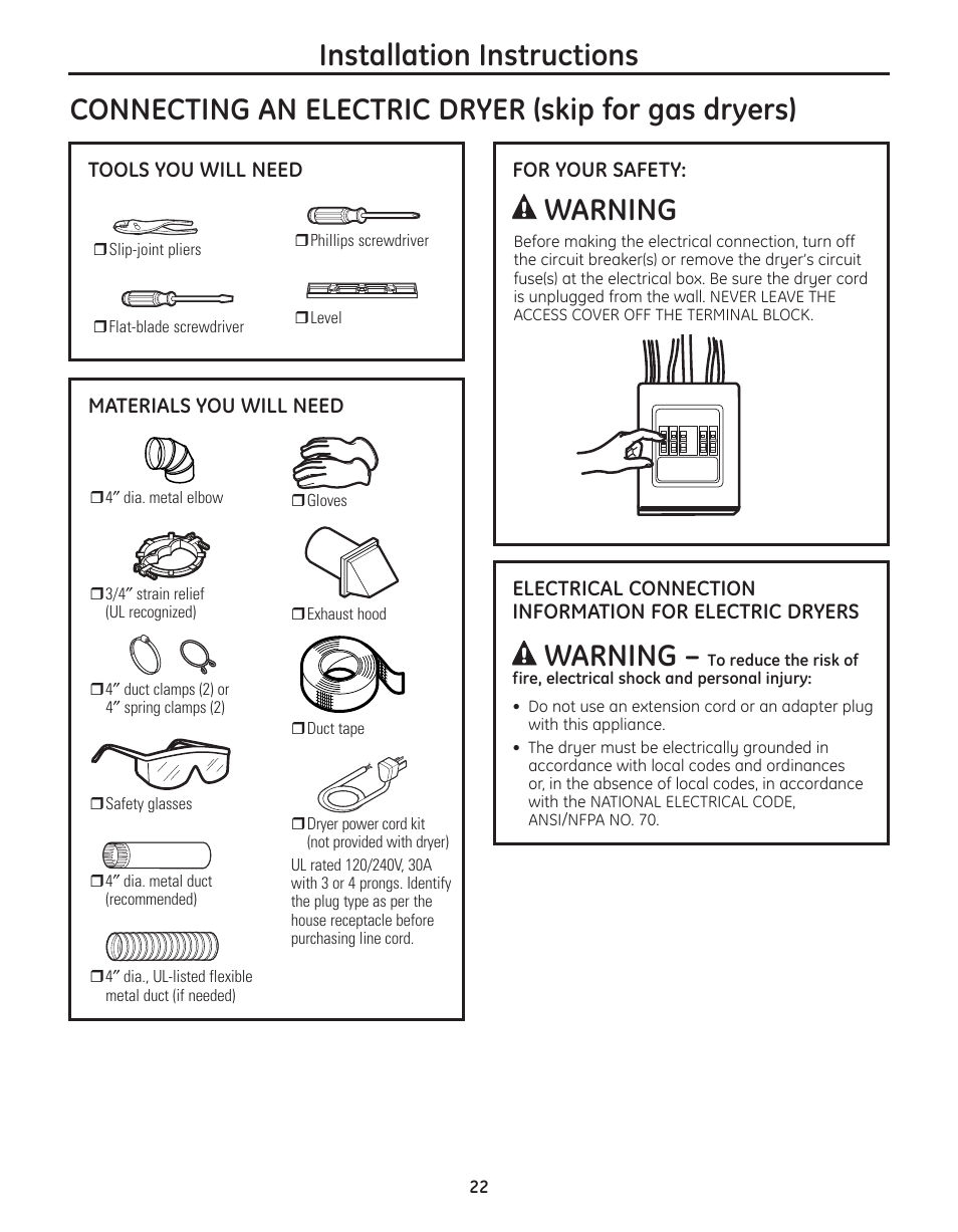 Warning | GE PFMN445 User Manual | Page 22 / 156