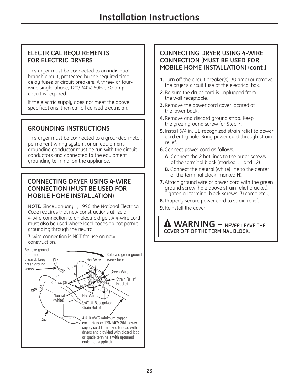 Installation instructions, Warning, Electrical requirements for electric dryers | Grounding instructions | GE PFMN445 User Manual | Page 23 / 156