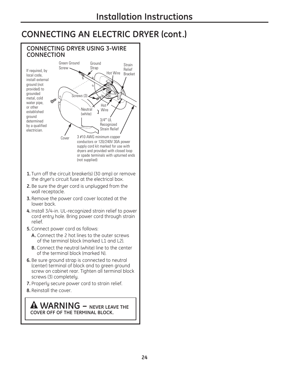 Installation instructions, Warning, Connecting an electric dryer (cont.) | Connecting dryer using 3-wire connection | GE PFMN445 User Manual | Page 24 / 156
