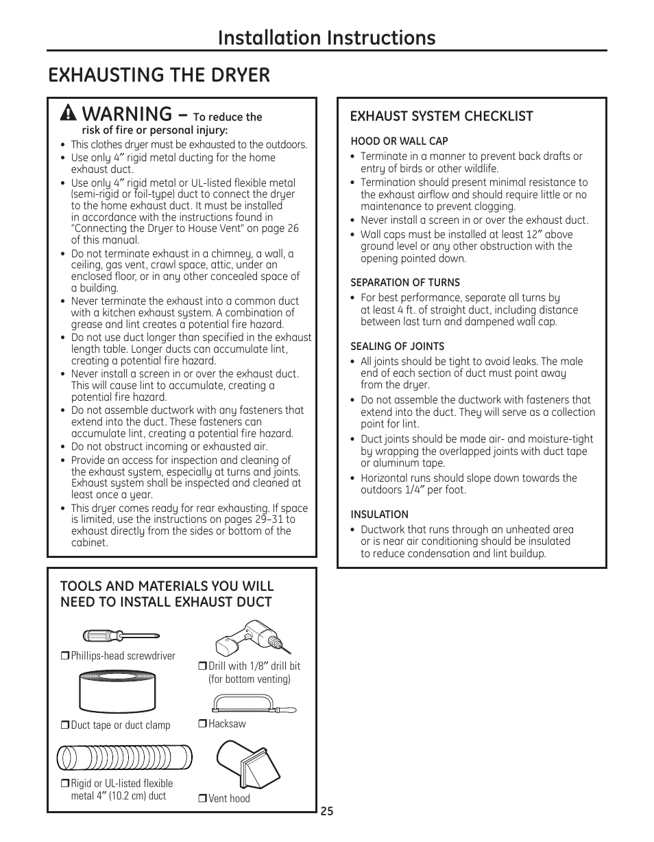 Exhausting the dryer –31 | GE PFMN445 User Manual | Page 25 / 156