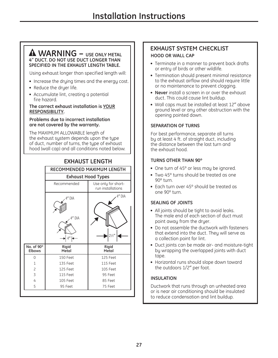 Installation instructions, Warning, Exhaust system checklist | Exhaust length | GE PFMN445 User Manual | Page 27 / 156