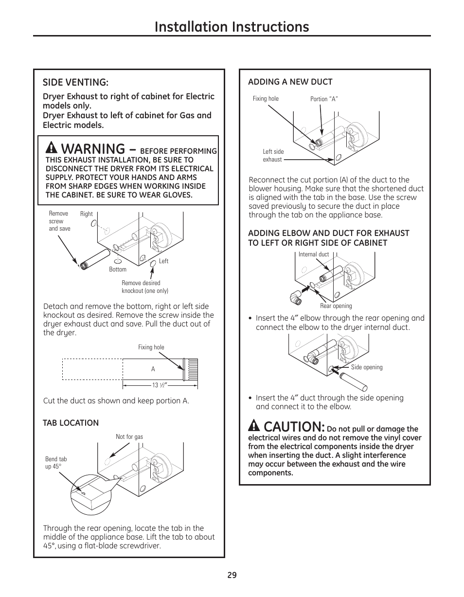 Warning, Installation instructions, Caution | Side venting | GE PFMN445 User Manual | Page 29 / 156